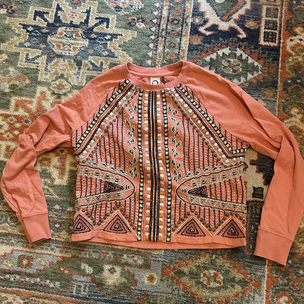 Embroidered Long Sleeve Top in Pink and Black
